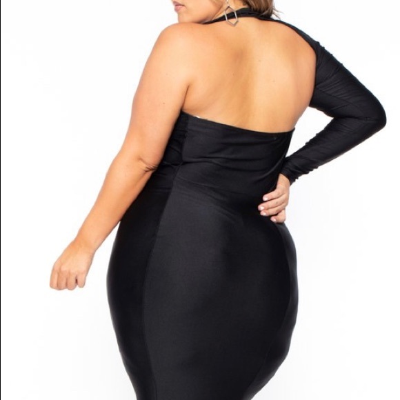 Curvy Sense spandex one shoulder gown in black - Picture 3 of 7